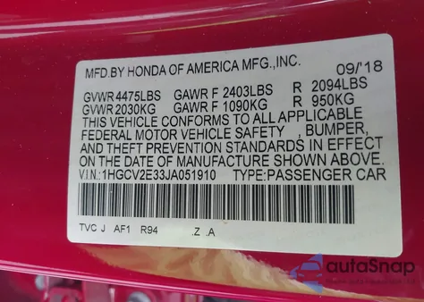 2018 Honda Accord Sport 2.0T from USA, damaged, VIN 1HGCV2E33JA051910